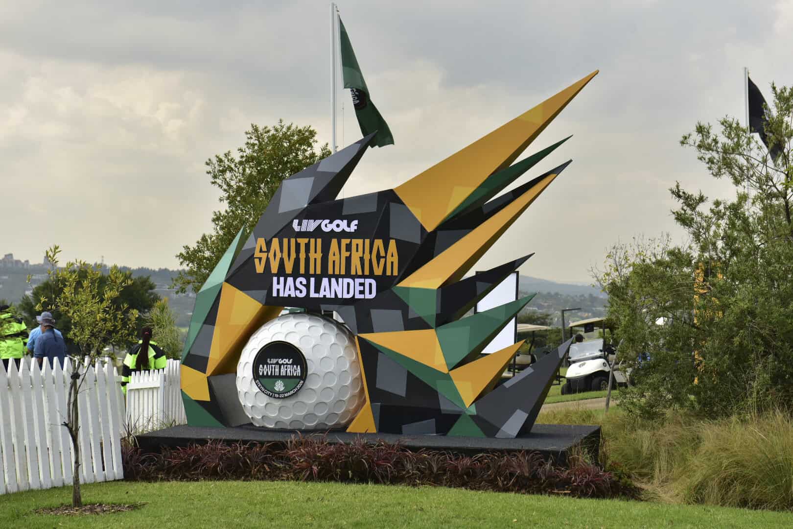 A LIV Golf themed sculpture at day one of the LIV Golf tournament at The Club, Steyn City, 19 March 2026. Picture: Shaun Holland