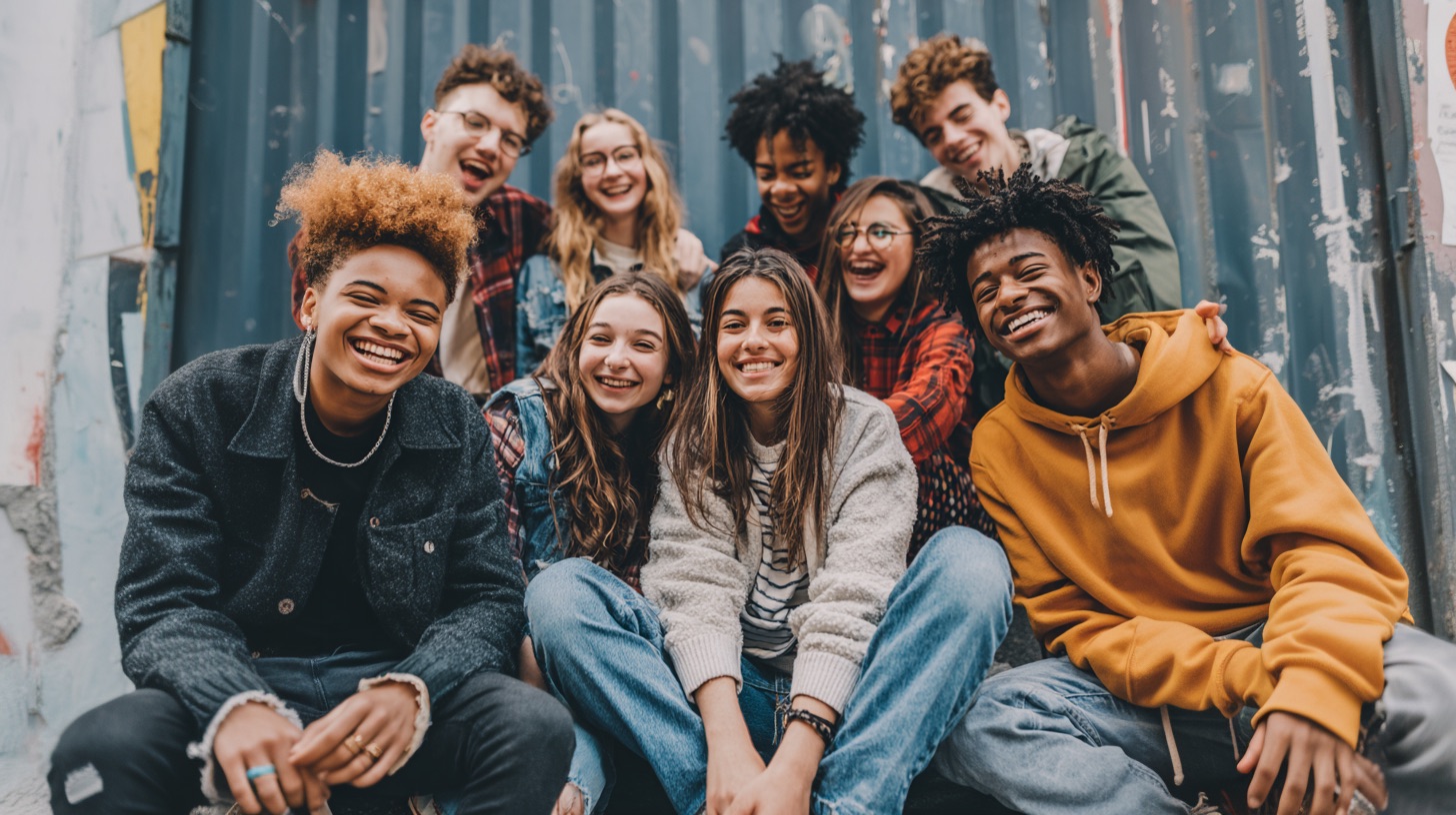 imagine a group of mixed racial individuals from the age of 13 to 29 sitting and laughing together of different ages and having fun --ar 91:51 --v 7 Job ID: e131fb02-04d5-4fe2-be1c-8bede9aa945c